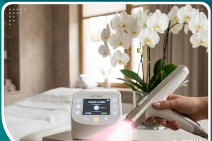 جهاز الليزر الحديث لتصغير الشفرات بدون جراحة في عيادة تجميل نسائية راقية.