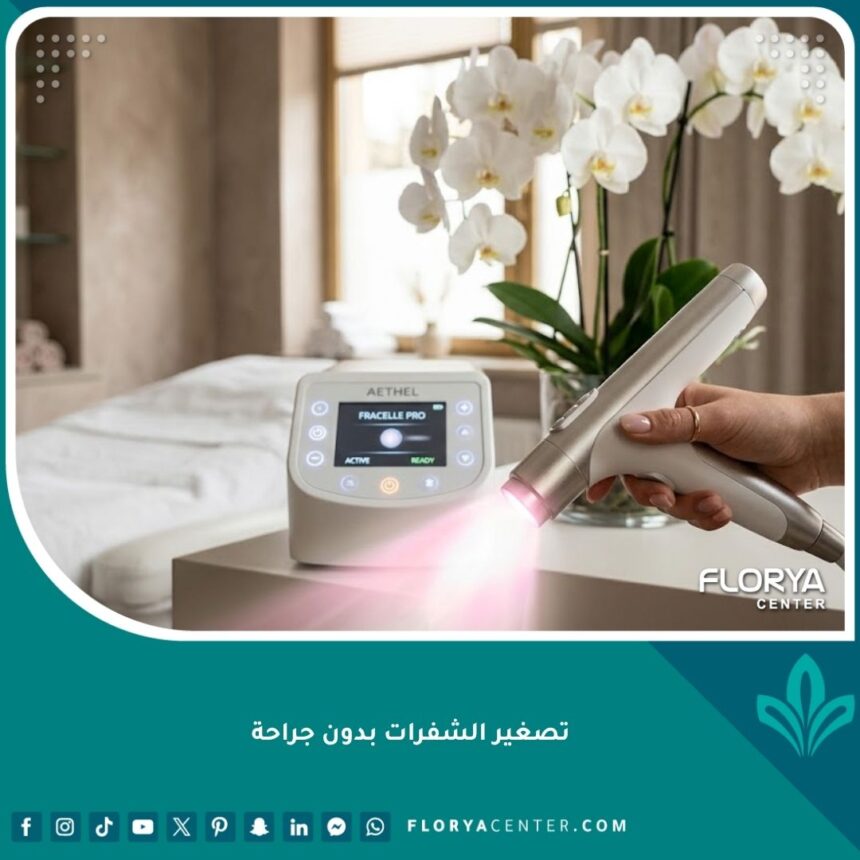 جهاز الليزر الحديث لتصغير الشفرات بدون جراحة في عيادة تجميل نسائية راقية.