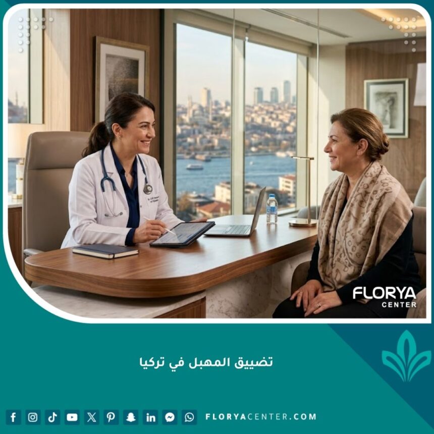 رسم توضيحي طبي يوضح تشريح عضلات الحوض والمهبل باللغة العربية لغرض شرح عملية التضييق.