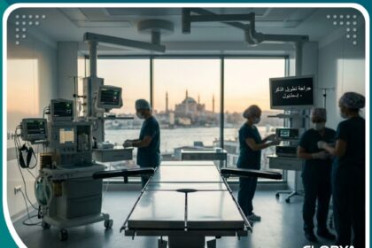 واجهة مقال حول عملية تطويل الذكر جراحياً في تركيا، تظهر غرفة عمليات حديثة تطل على البوسفور في إسطنبول.
