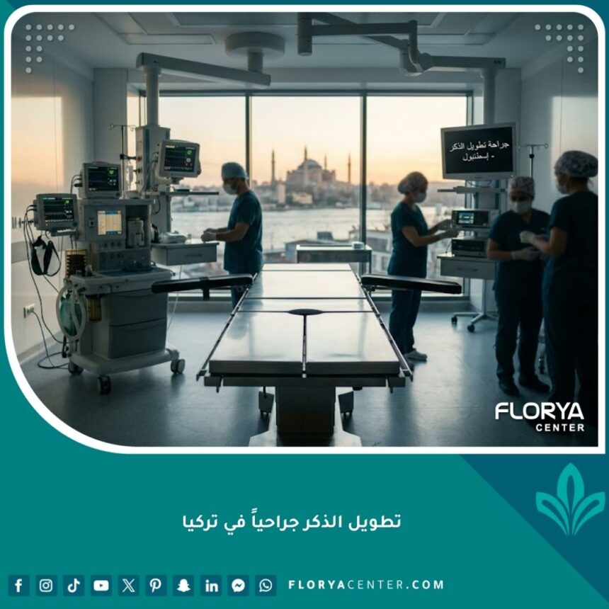 واجهة مقال حول عملية تطويل الذكر جراحياً في تركيا، تظهر غرفة عمليات حديثة تطل على البوسفور في إسطنبول.