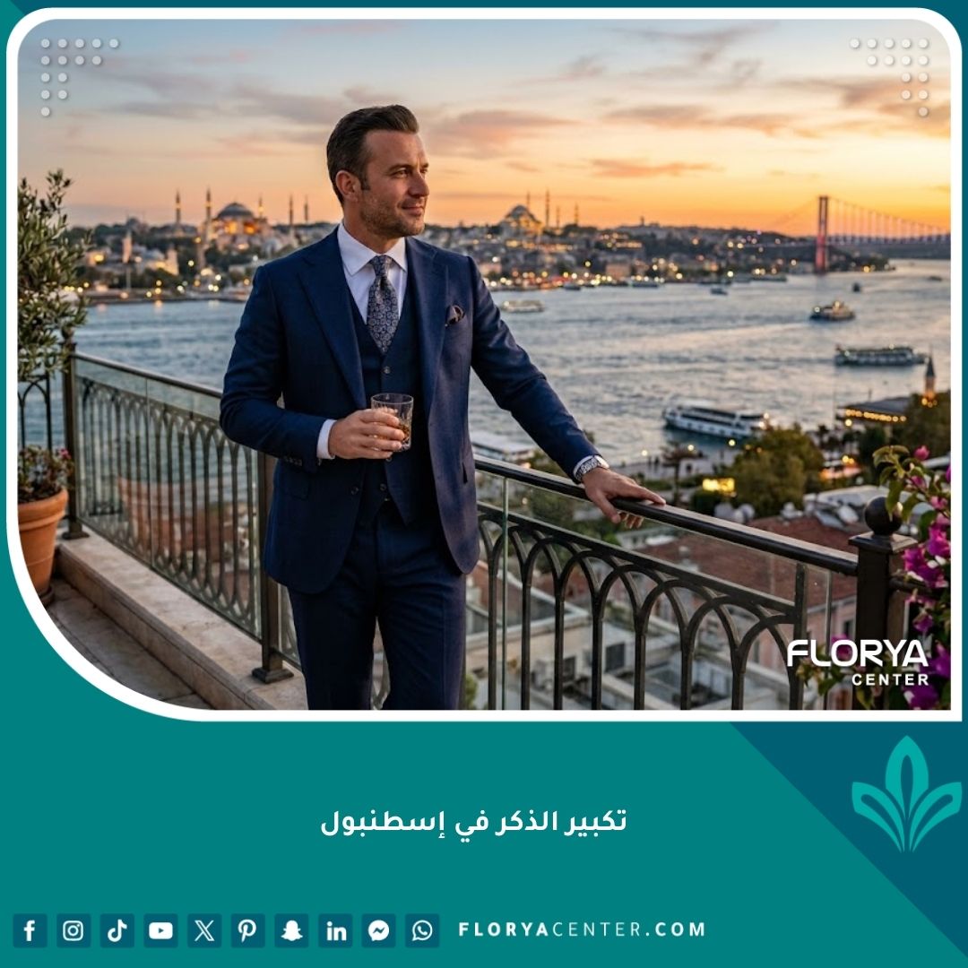 رجل واثق في بدلة أنيقة يطل على مضيق البوسفور في إسطنبول عند الغروب، يمثل نجاح تكبير الذكر في تركيا.