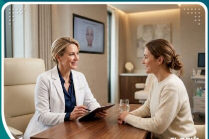 طبيبة تجميل متخصصة تقدم استشارة حول تكلفة تجميل المهبل بالدولار في عيادة حديثة.