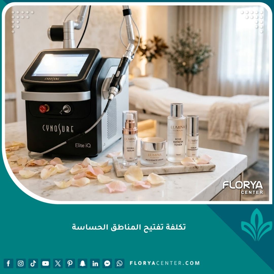 واجهة مقال حول تكلفة تفتيح المناطق الحساسة تظهر أجهزة الليزر الحديثة ومنتجات العناية بالبشرة.