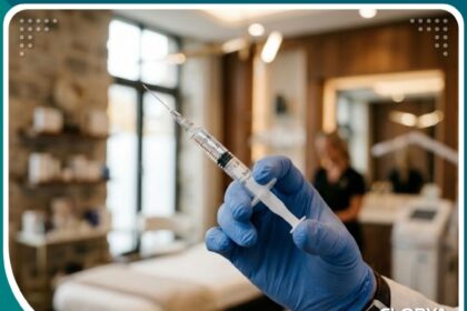 حقن الفيلر للرجال في تركيا - صورة مقربة ليد طبيب تحمل حقنة في عيادة تجميل.