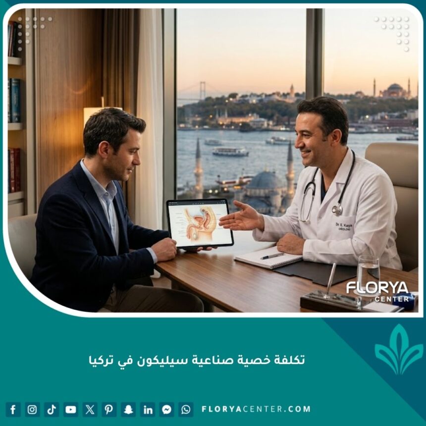 تكلفة خصية صناعية سيليكون في تركيا 1 استشارة مريض مع جراح مسالك بولية في عيادة بتركيا لمناقشة تكلفة زراعة خصية صناعية سيليكون، وتظهر اسطنبول والبوسفور في الخلفية.