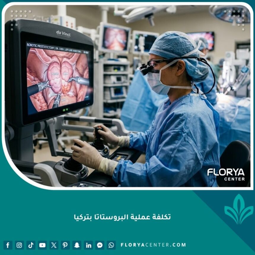 صورة سينمائية واقعية فائقة الدقة (8k) تظهر كونسول الجراحة الروبوتية المتقدمة لعملية البروستاتا في غرفة عمليات معقمة في تركيا.