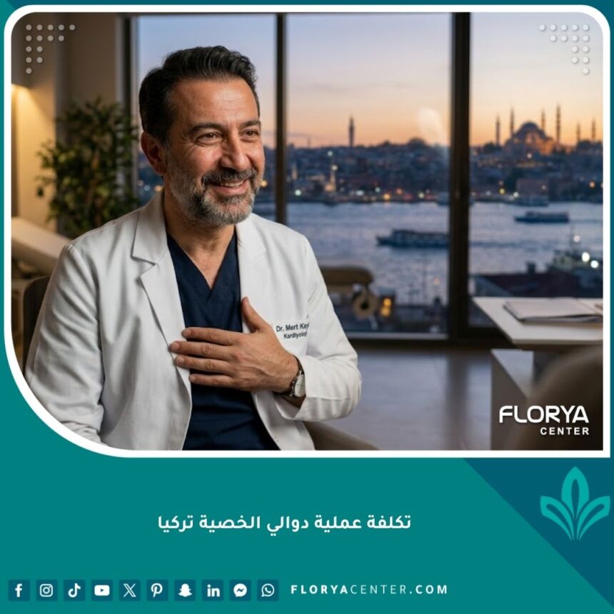 طبيب تركي في عيادة حديثة في إسطنبول يتحدث مع مريض حول علاج دوالي الخصية، مع إطلالة خلفية على البوسفور.