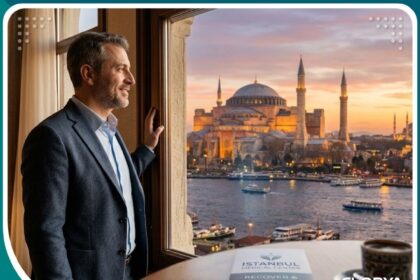 رجل يشعر بالثقة بعد عملية زرع الدعامة في تركيا وإطلالة على إسطنبول.