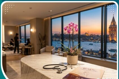واجهة عيادة تجميل راقية في إسطنبول متخصصة في عمليات توريد وقص الشفرات.
