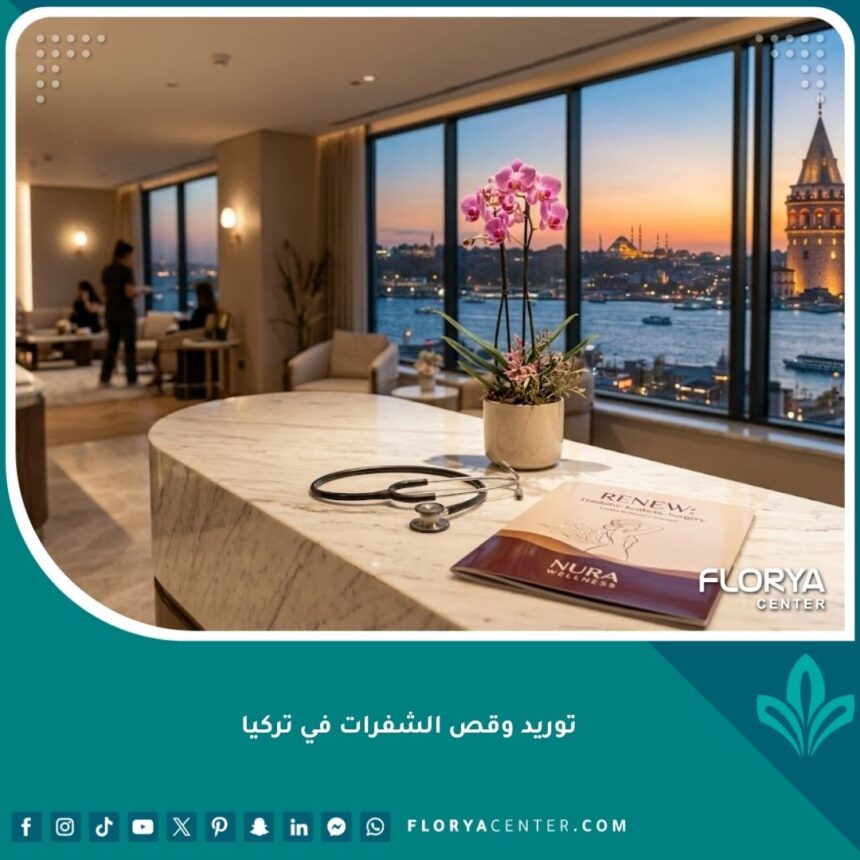 واجهة عيادة تجميل راقية في إسطنبول متخصصة في عمليات توريد وقص الشفرات.