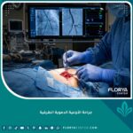 صورة بارزة سينمائية لعملية جراحة الأوعية الدموية الطرفية تُظهر يدي جراح متخصص وخرائط الشرايين على الشاشة.