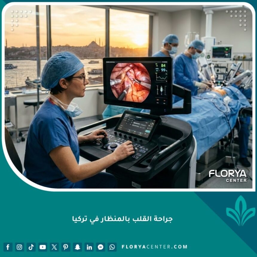 جراح قلب في تركيا يقوم بعملية جراحية بالمنظار باستخدام تقنيات متطورة في غرفة عمليات حديثة، مع إطلالة بانورامية على مضيق البوسفور في اسطنبول في الخلفية.