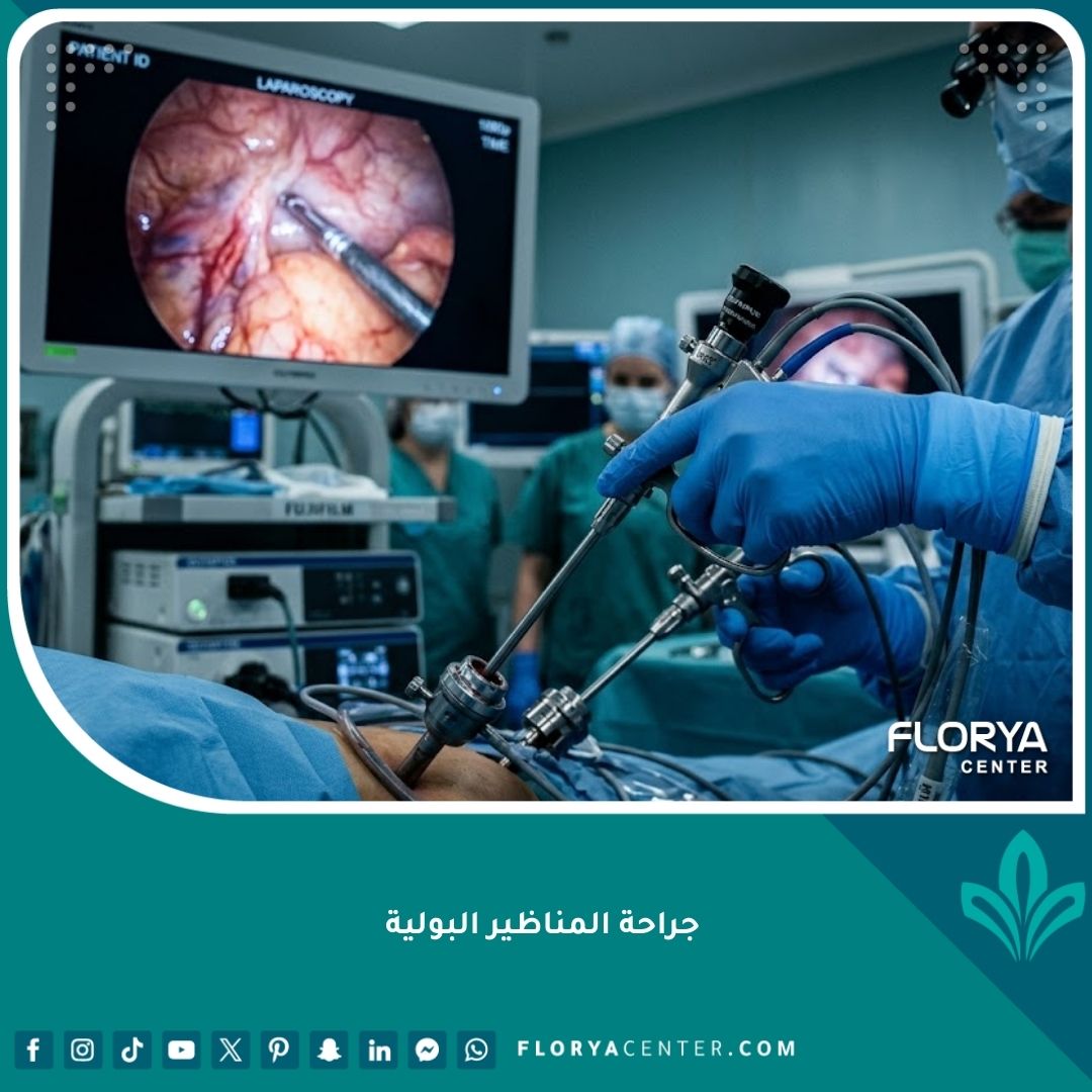 جراح مسالك بولية متخصص يجري عملية دقيقة باستخدام المناظير الطبية المتقدمة في غرفة عمليات حديثة.