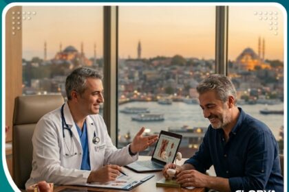 صورة مميزة احترافية تظهر استشارة طبية لعملية زرع الدعامة الذكرية في عيادة حديثة في إسطنبول، تركيا.