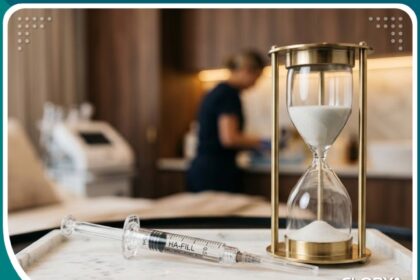 حقن الفيلر لعلاج سرعة القذف في تركيا تظهر بجانب ساعة رملية ترمز لزيادة الوقت والتحكم.