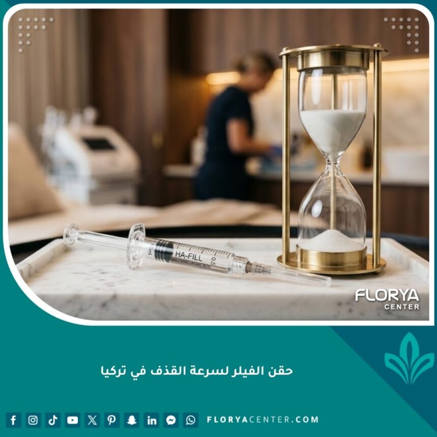 حقن الفيلر لعلاج سرعة القذف في تركيا تظهر بجانب ساعة رملية ترمز لزيادة الوقت والتحكم.