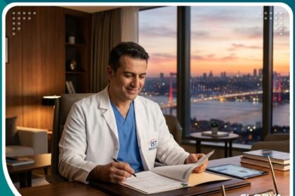جراح تجميل في إسطنبول يناقش عملية تطويل الذكر في عيادة حديثة، مع إطلالة على البوسفور في الخلفية.