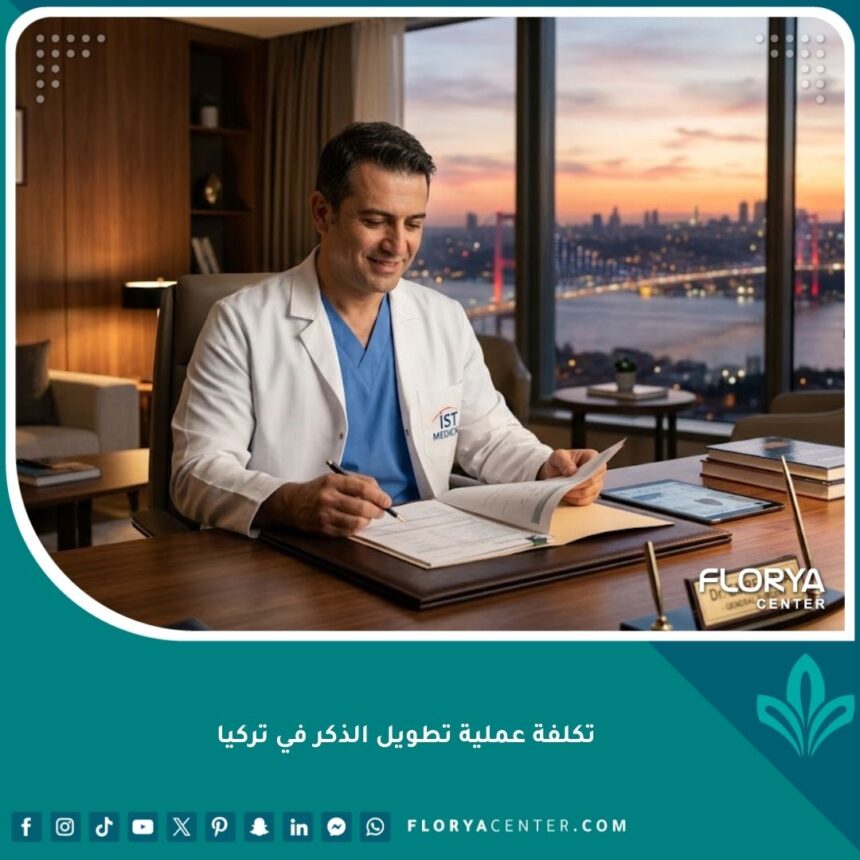 جراح تجميل في إسطنبول يناقش عملية تطويل الذكر في عيادة حديثة، مع إطلالة على البوسفور في الخلفية.