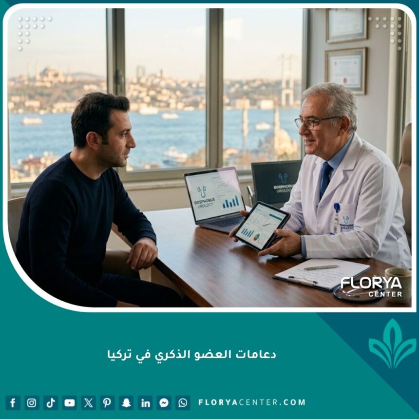 طبيب مسالك بولية في تركيا يشرح عملية دعامة العضو الذكري للمريض في عيادة حديثة.