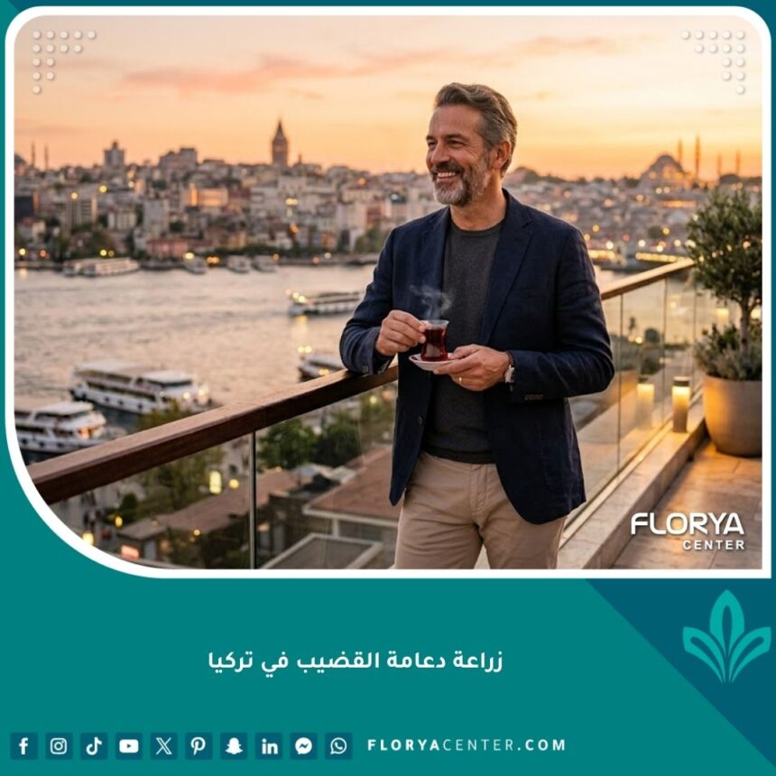 رجل واثق يبتسم ويطل على البوسفور في إسطنبول بعد عملية زراعة دعامة القضيب الناجحة في تركيا، يرمز إلى الثقة واستعادة الحياة الطبيعية.