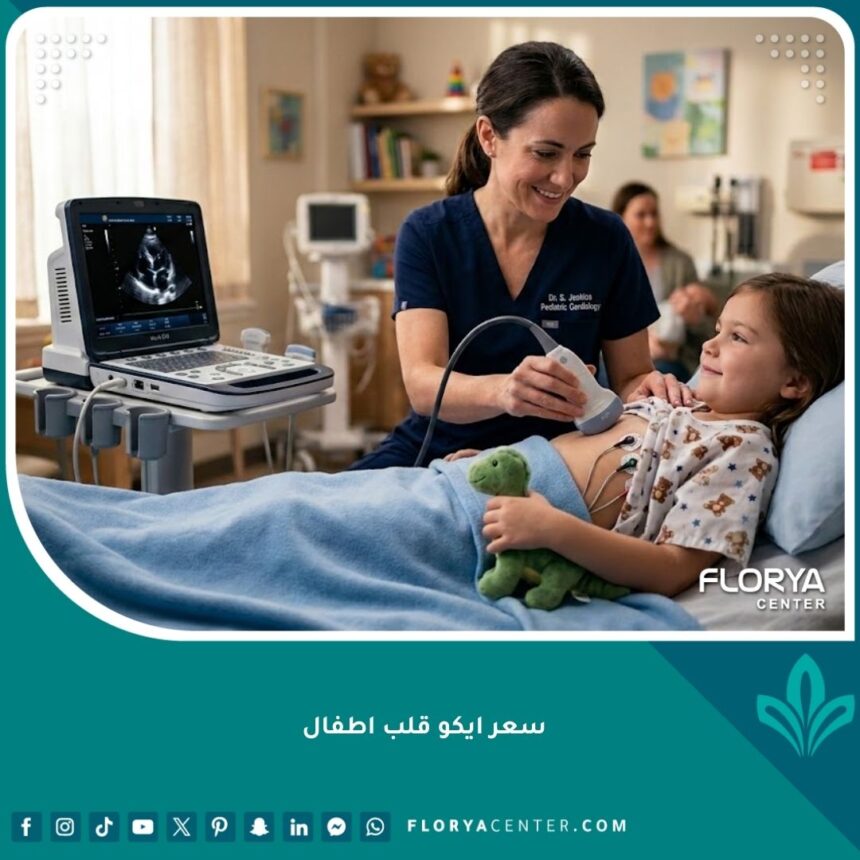 طبيب يجري فحص ايكو قلب للأطفال في عيادة حديثة توضح جودة الخدمة الطبية.