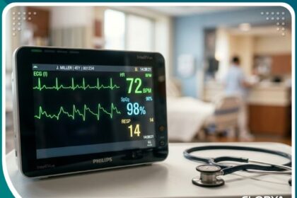 صورة احترافية لجهاز تخطيط القلب تظهر نبضات القلب وسماعة طبيب في عيادة حديثة.