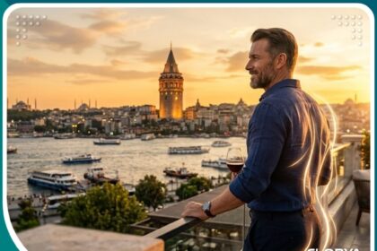 واجهة المقال: رجل واثق في إسطنبول يطل على البوسفور، يمثل نتائج عملية شفط دهون العانة للرجال في تركيا.