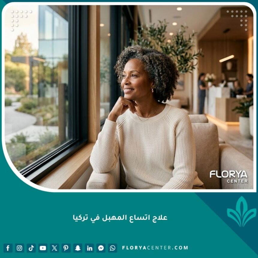 واجهة مقال علاج اتساع المهبل في تركيا تظهر امرأة تشعر بالثقة والراحة في عيادة حديثة.