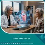 طبيب قلب يشرح عملية علاج ارتجاع الصمام الميترالي للمريض باستخدام نموذج قلب ثلاثي الأبعاد.