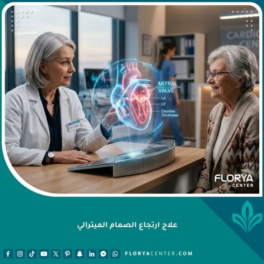 طبيب قلب يشرح عملية علاج ارتجاع الصمام الميترالي للمريض باستخدام نموذج قلب ثلاثي الأبعاد.