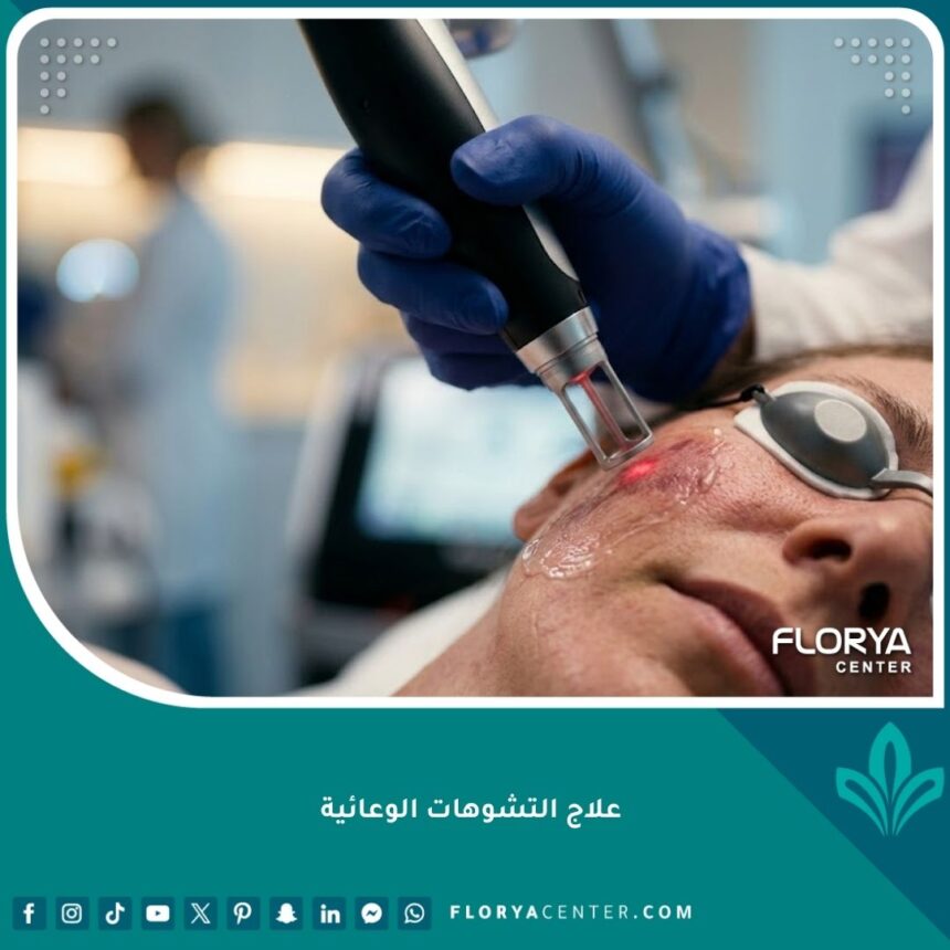 طبيب يستخدم الليزر لعلاج التشوهات الوعائية الجلديّة (مثل وحمة خمرية) في عيادة متخصصة.