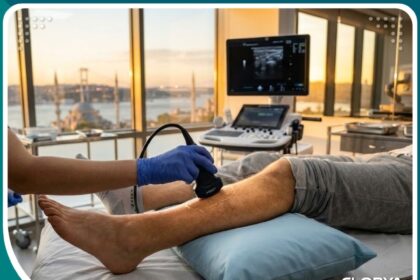 طبيب يقوم بفحص موجات فوق صوتية على ساق مريض لعلاج الجلطة الوريدية العميقة في اسطنبول
