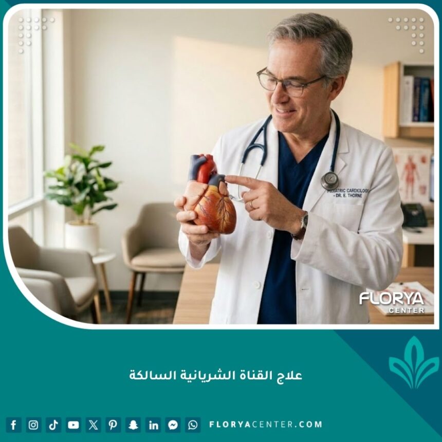 طبيب قلب أطفال يشرح عملية علاج القناة الشريانية السالكة باستخدام نموذج طبي للقلب.