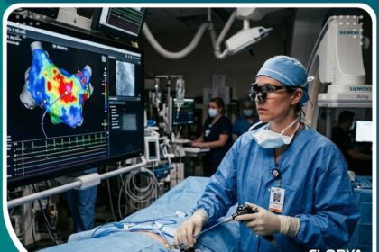 طبيب قلب متخصص يجري عملية كي القلب لعلاج تسارع دقات القلب في غرفة قسطرة متطورة.