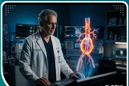 جراح قلب وأوعية دموية يفحص نموذجاً رقمياً لعلاج تمدد الشريان الأورطي البطني بتقنيات حديثة.