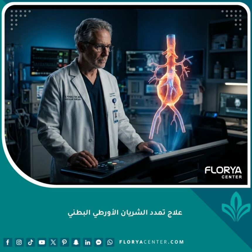 جراح قلب وأوعية دموية يفحص نموذجاً رقمياً لعلاج تمدد الشريان الأورطي البطني بتقنيات حديثة.