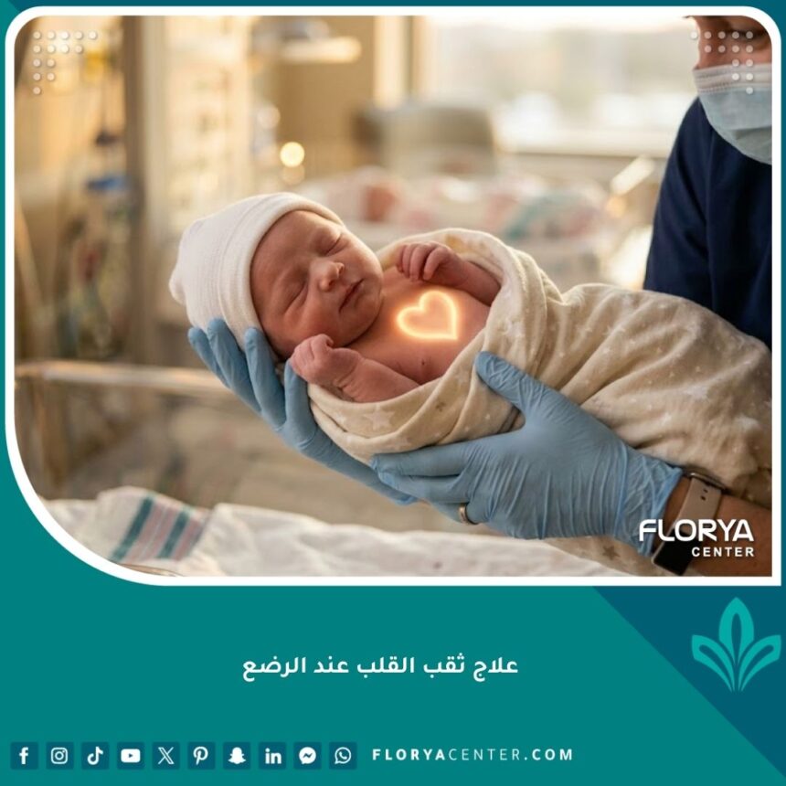 صورة تعبيرية عالية الجودة تظهر الأمل في علاج ثقب القلب عند الرضع مع رمز قلب مضيء.