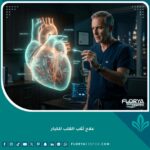 جراح قلب متخصص يستعرض نموذجاً ثلاثي الأبعاد لعملية علاج ثقب القلب للكبار بتقنيات متطورة.