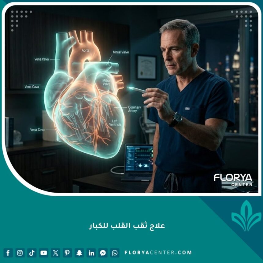 جراح قلب متخصص يستعرض نموذجاً ثلاثي الأبعاد لعملية علاج ثقب القلب للكبار بتقنيات متطورة.
