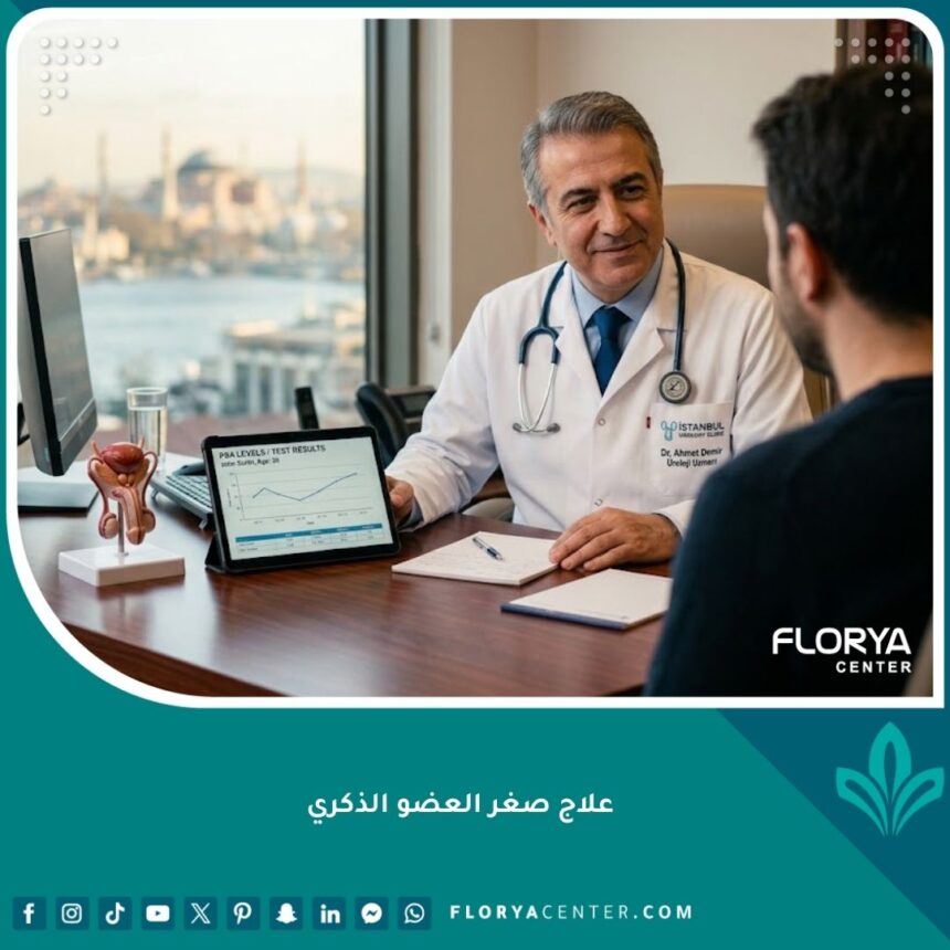 طبيب متخصص في ذكورة يناقش خيارات علاج صغر العضو الذكري مع مريض في عيادة حديثة في اسطنبول.