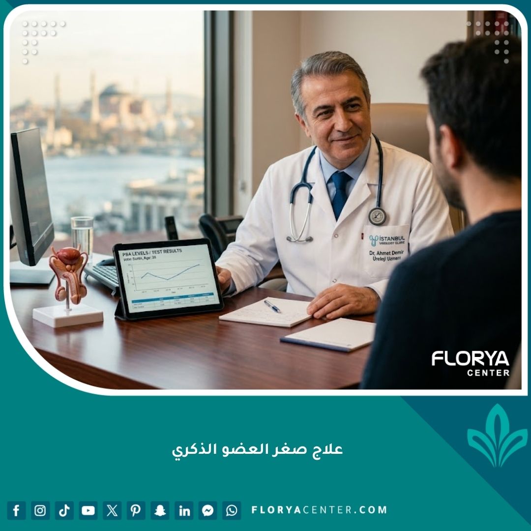 طبيب متخصص في ذكورة يناقش خيارات علاج صغر العضو الذكري مع مريض في عيادة حديثة في اسطنبول.
