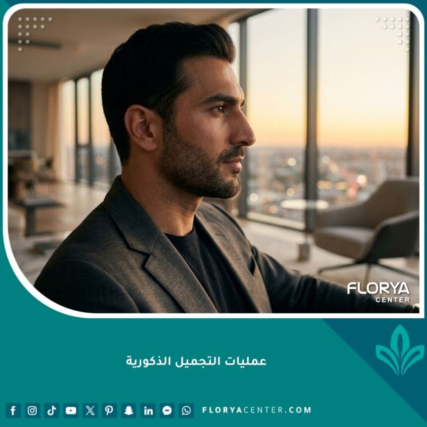 رجل وسيم يظهر نتائج طبيعية لعمليات التجميل للرجال ملامح وجه محددة وفك قوي.