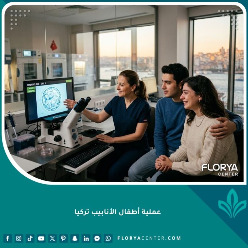 عملية أطفال الأنابيب في تركيا، زوجان ينظران إلى جنين تحت المجهر في عيادة خصوبة حديثة بتركيا تطل على البوسفور.