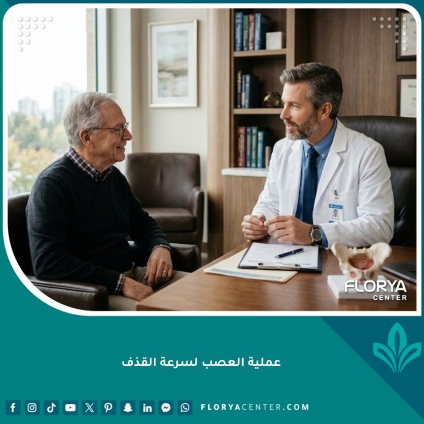 طبيب مختص يشرح عملية العصب لعلاج سرعة القذف في عيادة حديثة.