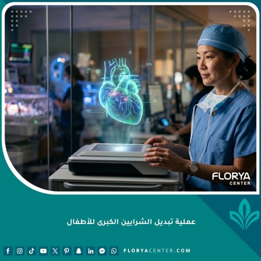 واجهة مقال عن عملية تبديل الشرايين الكبرى للأطفال تظهر التطور الطبي في جراحة قلب الرضع.