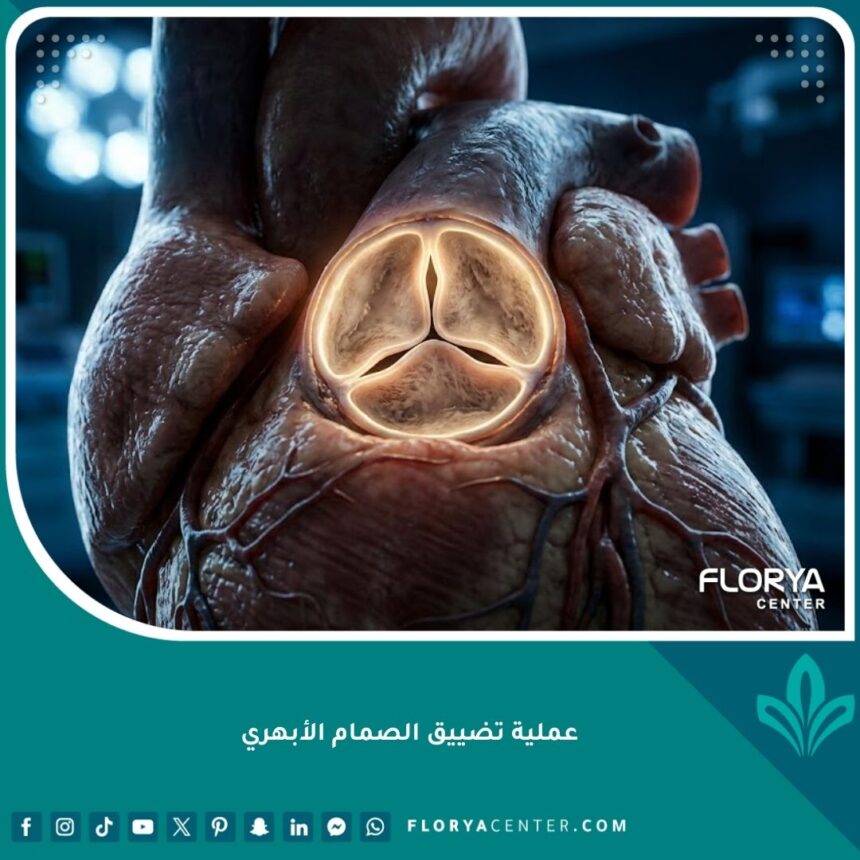 صورة مميزة لعملية تضييق الصمام الأبهري تظهر تشريح القلب بأسلوب سينمائي ثلاثي الأبعاد.