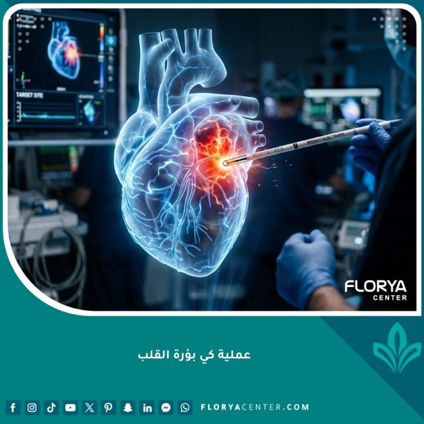 واجهة توضيحية لعملية كي بؤرة القلب باستخدام القسطرة والتقنيات الحديثة لعلاج اضطراب ضربات القلب.