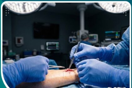 لقطة سينمائية لعملية ناسور الغسيل الكلوي (AV Fistula) داخل غرفة عمليات معقمة في مستشفى حديث.