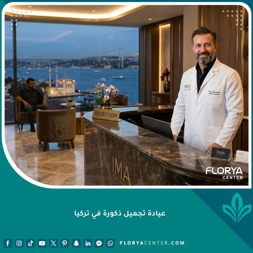 واجهة عيادة تجميل ذكورة في تركيا تتميز بالفخامة والاحترافية الطبية.